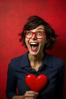Portrait of a happy woman with red heart on a red background.Valentine's Day Concept AI generated photo