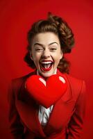 Portrait of a happy woman with red heart on a red background.Valentine's Day Concept AI generated photo
