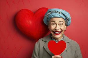 retrato de un contento mujer con rojo corazón en un rojo fondo.de san valentin día concepto ai generado foto