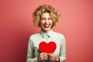Portrait of a happy woman with red heart on a red background.Valentine's Day Concept AI generated photo