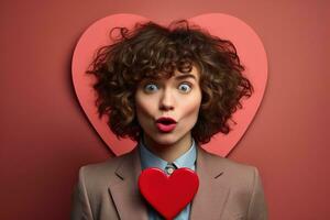 retrato de un contento mujer con rojo corazón en un rojo fondo.de san valentin día concepto ai generado foto