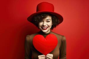 retrato de un contento mujer con rojo corazón en un rojo fondo.de san valentin día concepto ai generado foto