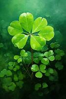 Green clover leaves on a dark background. St.Patrick's Day. AI generated photo