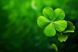 verde trébol hojas en un oscuro antecedentes. San Patricio día. ai generado foto