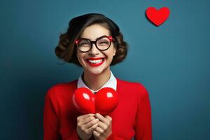 retrato de un contento mujer con rojo corazon.san valentin día concepto ai generado foto