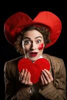 Portrait of a happy woman with red heart.Valentine's Day Concept AI generated photo