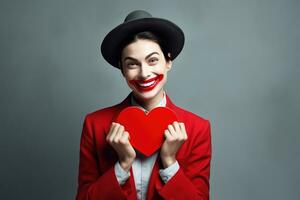 retrato de un contento mujer con rojo corazon.san valentin día concepto ai generado foto