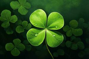 Green clover leaves on a dark background. St.Patrick's Day. AI generated photo