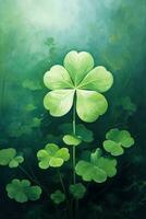 Green clover leaves on a dark background. St.Patrick's Day. AI generated photo