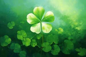 Green clover leaves on a dark background. St.Patrick's Day. AI generated photo