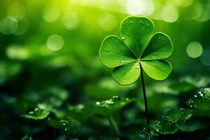 Green clover leaves on a dark background. St.Patrick's Day. AI generated photo