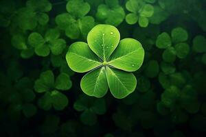 Green clover leaves on a dark background. St.Patrick's Day. AI generated photo