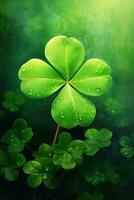 Green clover leaves on a dark background. St.Patrick's Day. AI generated photo