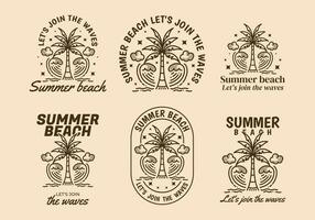 Summer beach, Let's join the waves. Line art illustration of coconut tree and waves vector