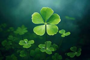 Green clover leaves on a dark background. St.Patrick's Day. AI generated photo