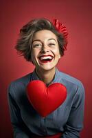 retrato de un contento mujer con rojo corazón en un rojo fondo.de san valentin día concepto ai generado foto