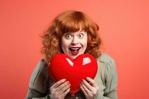 retrato de un contento mujer con rojo corazón en un rojo fondo.de san valentin día concepto ai generado foto