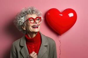 Portrait of a happy woman with red heart on a red background.Valentine's Day Concept AI generated photo