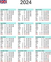 year 2024 calendar in English with United Kingdom holidays vector