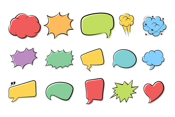 Empty comic speech bubbles background in pop art style. Comic speech bubble stickers with cloud, starburst, text box space, explosion.