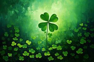 Green clover leaves on a dark background. St.Patrick's Day. AI generated photo