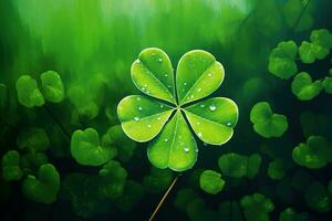 Green clover leaves on a dark background. St.Patrick's Day. AI generated photo