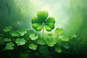 Green clover leaves on a dark background. St.Patrick's Day. AI generated photo