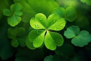 verde trébol hojas en un oscuro antecedentes. San Patricio día. ai generado foto