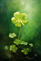 Green clover leaves on a dark background. St.Patrick's Day. AI generated photo