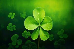 Green clover leaves on a dark background. St.Patrick's Day. AI generated photo