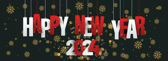 2024 Happy New Year illustration with typography lettering and Christmas ball on dark background. Holiday design for flyer, greeting card, banner, celebration poster, party invitation or calendar. vector