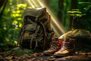 Hiking boots and backpack in the forest. Travel and adventure concept AI generated photo