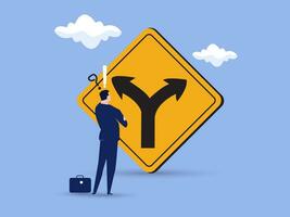 Decision to choose pathway, alternative or choice, deciding career path, contemplation businessman thinking which way to go on folk road sign. determination or thinking to find solution concept. vector