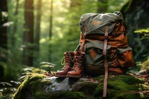 Hiking boots and backpack in the forest. Travel and adventure concept AI generated photo