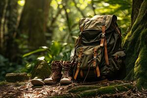 Hiking boots and backpack in the forest. Travel and adventure concept AI generated photo