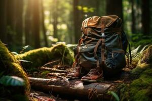 Hiking boots and backpack in the forest. Travel and adventure concept AI generated photo