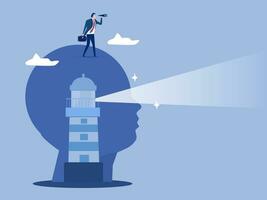 Vision, business discovery or searching for success, businessman look on telescope, challenge to see future guidance, looking for career path or strategy concept,  head with lighthouse guidance light. vector