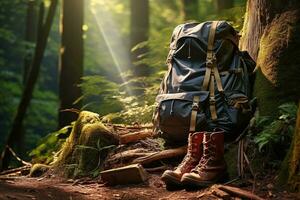 excursionismo botas y mochila en el bosque. viaje y aventuras concepto ai generado foto