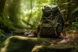 Hiking boots and backpack in the forest. Travel and adventure concept AI generated photo