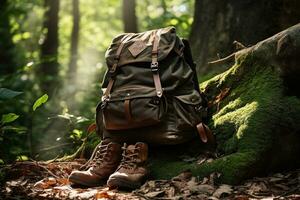 excursionismo botas y mochila en el bosque. viaje y aventuras concepto ai generado foto