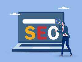 SEO Search Engine Optimization, website search result, advertising or marketing to boost web ranking or user discovery concept, businessman hold magnifying glass on SEO rising arrow search box. vector