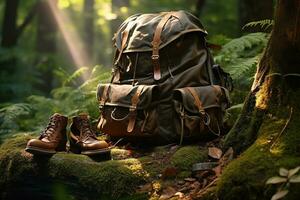 excursionismo botas y mochila en el bosque. viaje y aventuras concepto ai generado foto