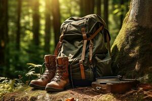 excursionismo botas y mochila en el bosque. viaje y aventuras concepto ai generado foto