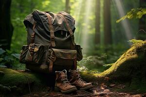 excursionismo botas y mochila en el bosque. viaje y aventuras concepto ai generado foto