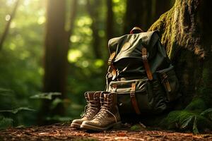 Hiking boots and backpack in the forest. Travel and adventure concept AI generated photo