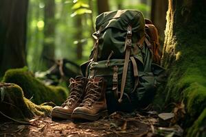 Hiking boots and backpack in the forest. Travel and adventure concept AI generated photo