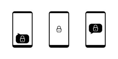 Locked phone with icon on screen. Set of black objects isolated on a white background. Device lock notification vector