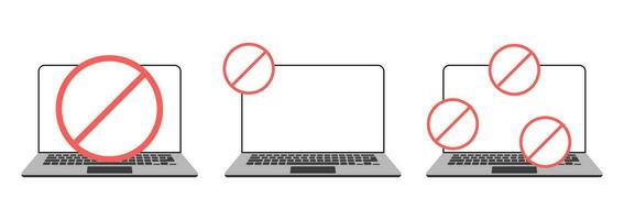 Banned laptop sign. Warning, laptop with forbidden sign on screen, security system vector