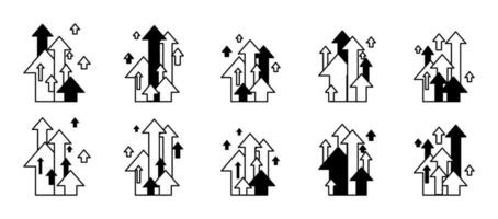 A set of various up arrows. In black color and linear styles vector