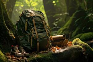 Hiking boots and backpack in the forest. Travel and adventure concept AI generated photo